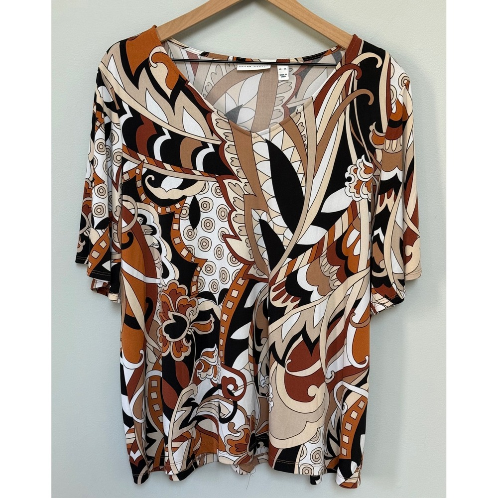 Susan Graver Liquid Knit V-Neck Flutter Sleeve Top Spice Multi Print Size XL